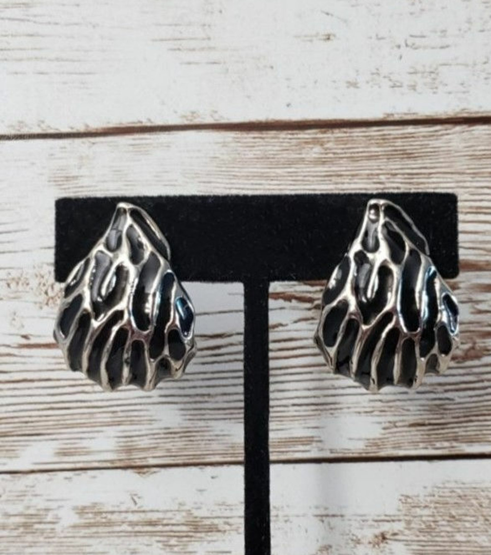 Vintage Clip On Earrings Teardrop Shape Black & Silver Tone Statement Earrings